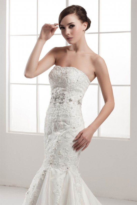 Sleeveless Strapless Satin Mermaid/Trumpet Beaded Lace Wedding Dresses 2030965