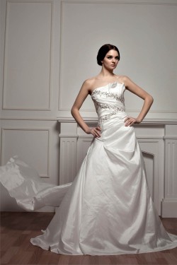 Sleeveless Strapless Satin Taffeta A-Line Beaded Wedding Dresses 2030967