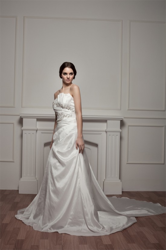 Sleeveless Strapless Satin Taffeta A-Line Beaded Wedding Dresses 2030967