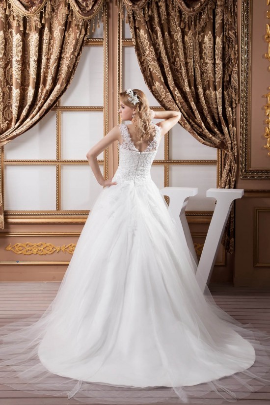 Elegant Sleeveless Straps A-Line Satin Fine Netting Lace Wedding Dresses 2030970