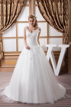 Elegant Sleeveless Straps A-Line Satin Fine Netting Lace Wedding Dresses 2030970