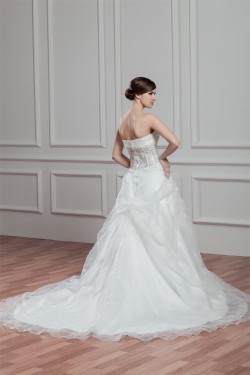 A-Line Satin Lace Beautiful Sleeveless Strapless Wedding Dresses 2030973