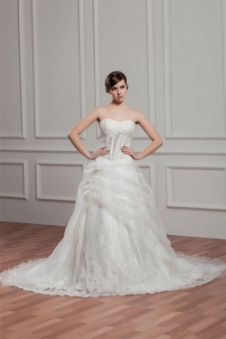 A-Line Satin Lace Beautiful Sleeveless Strapless Wedding Dresses 2030973