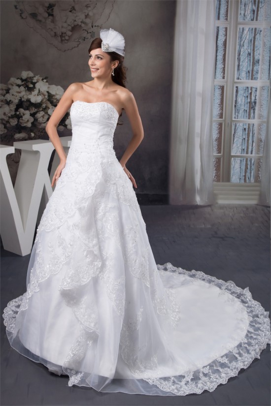 A-Line Strapless Satin Lace Wedding Dresses 2030979