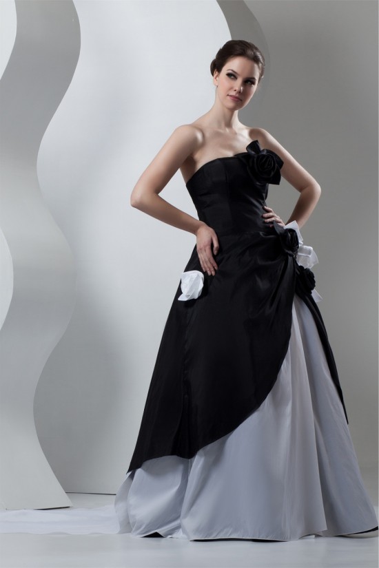 Strapless A-Line Sleeveless Satin Organza Black White Wedding Dresses 2030992 Strapless A-Line Sleeveless Satin Organza Black White Wedding Dresses 2030992