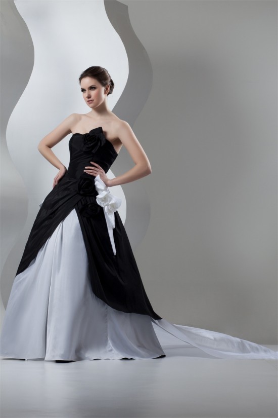 Strapless A-Line Sleeveless Satin Organza Black White Wedding Dresses 2030992 Strapless A-Line Sleeveless Satin Organza Black White Wedding Dresses 2030992