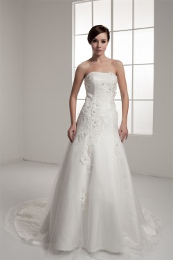 Strapless Satin A-Line Sleeveless Beautiful Beaded Wedding Dresses 2030996