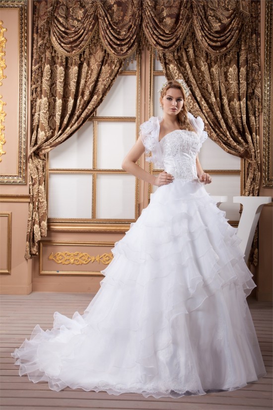 A-Line Strapless Satin Organza Princess Lace Wedding Dresses 2030997