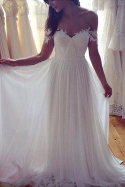 A-Line Off-the-Shoulder Lace Chiffon Wedding Dresses Bridal Gowns 3030003