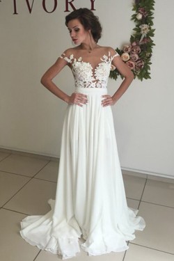 Elegant Illusion Bodice Lace Chiffon Wedding Dresses Bridal Gowns 3030006