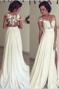 Elegant Illusion Bodice Lace Chiffon Wedding Dresses Bridal Gowns 3030006