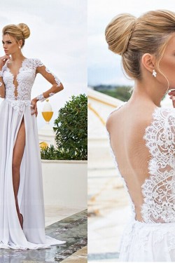 Long Sleeve High Slit Lace Chiffon Wedding Dresses Bridal Gowns 3030009