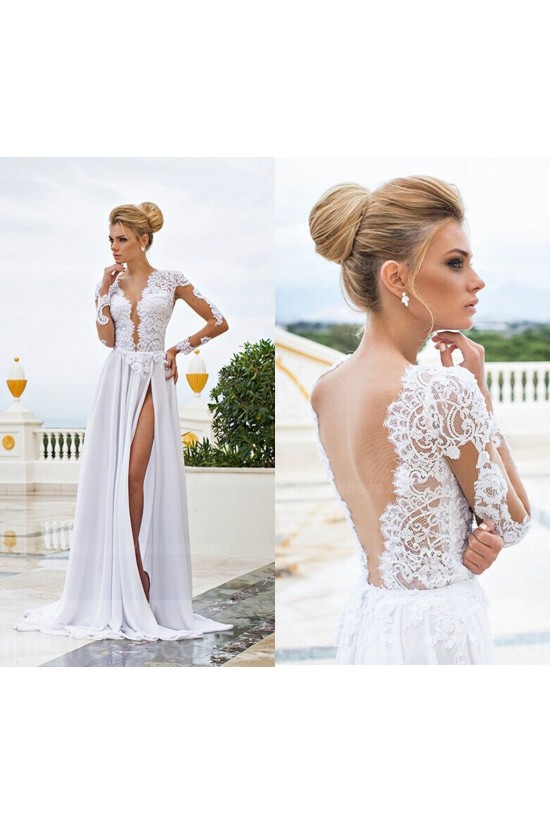 Long Sleeve High Slit Lace Chiffon Wedding Dresses Bridal Gowns 3030009