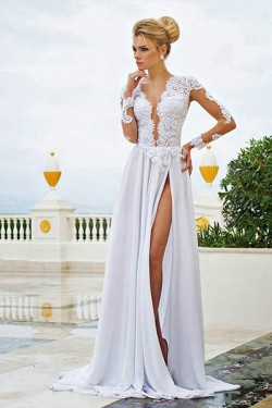 Long Sleeve High Slit Lace Chiffon Wedding Dresses Bridal Gowns 3030009