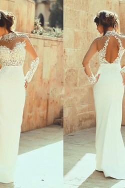 High Neck Beaded Long Sleeves Illusion Bodice Lace Wedding Dresses Bridal Gowns 3030010