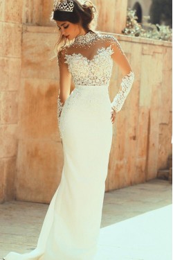 High Neck Beaded Long Sleeves Illusion Bodice Lace Wedding Dresses Bridal Gowns 3030010