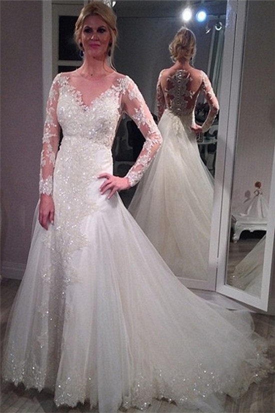 Long Sleeves Sheer Lace Wedding Dresses Bridal Gowns 3030016