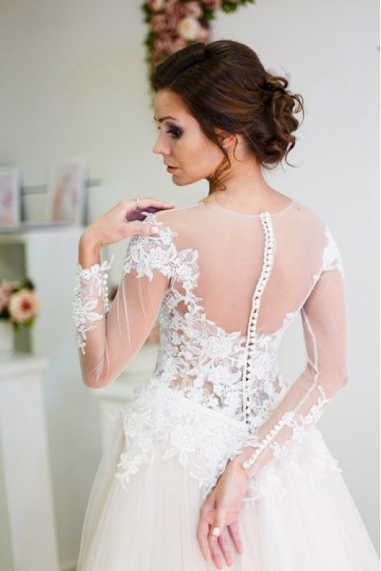 Sheer Long Sleeves Lace Tulle Wedding Dresses Bridal Gowns 3030018