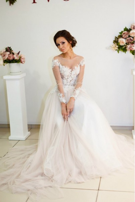 Sheer Long Sleeves Lace Tulle Wedding Dresses Bridal Gowns 3030018