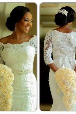 Elegant Mermaid 3/4 Length Sleeves Lace Plus Size Wedding Dresses Bridal Gowns 3030020