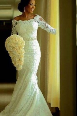 Elegant Mermaid 3/4 Length Sleeves Lace Plus Size Wedding Dresses Bridal Gowns 3030020
