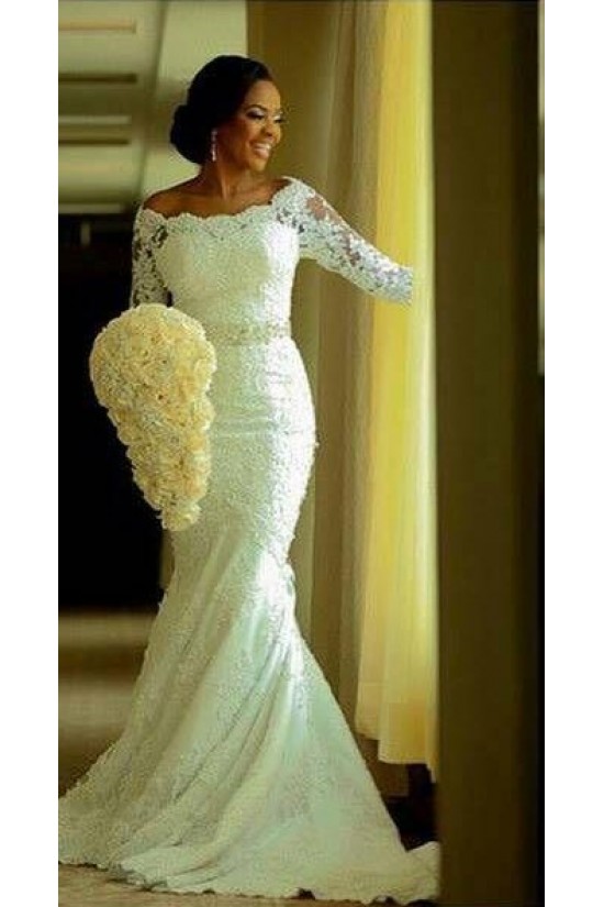 Elegant Mermaid 3/4 Length Sleeves Lace Plus Size Wedding Dresses Bridal Gowns 3030020