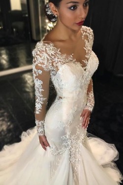 Long Sleeves Mermaid V-Neck Lace Wedding Dresses Bridal Gowns 3030021