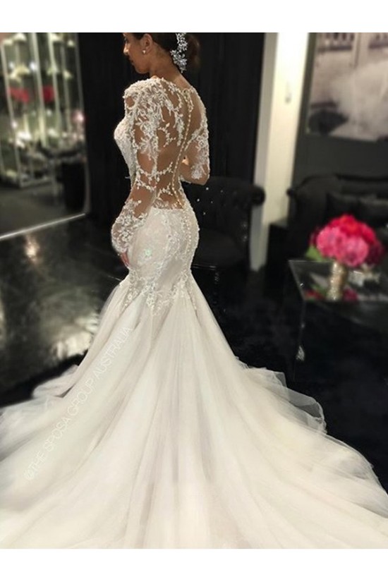 Long Sleeves Mermaid V-Neck Lace Wedding Dresses Bridal Gowns 3030021