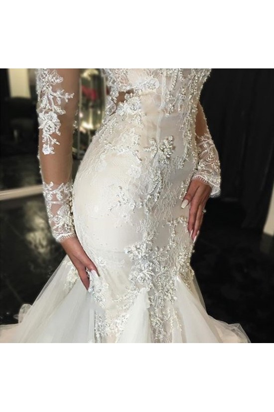 Long Sleeves Mermaid V-Neck Lace Wedding Dresses Bridal Gowns 3030021