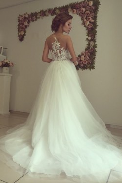 Lace Tulle Illusion Neckline Wedding Dresses Bridal Gowns 3030022