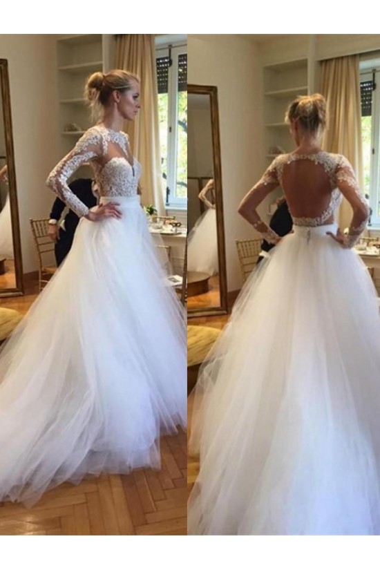 Long Sleeves Lace Tulle Open Back Wedding Dresses Bridal Gowns 3030029