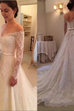 A-Line Off-the-Shoulder Long Sleeves Lace Wedding Dresses Bridal Gowns 3030030