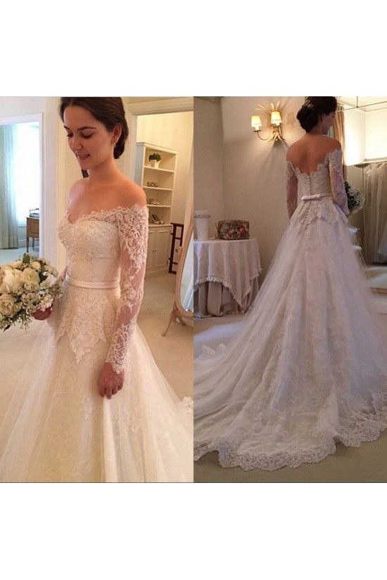 A-Line Off-the-Shoulder Long Sleeves Lace Wedding Dresses Bridal Gowns 3030030