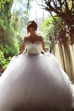 Long Sleeves Sheer Crystal Wedding Dresses Bridal Gowns 3030033