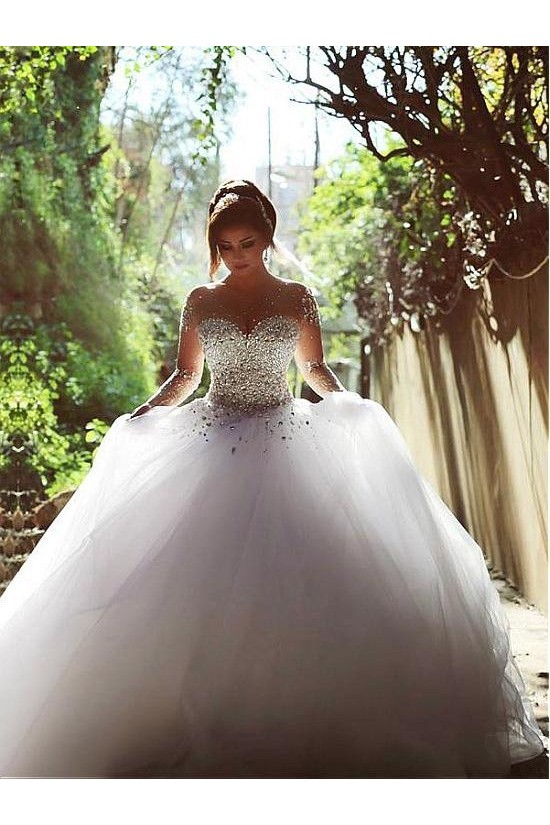 Long Sleeves Sheer Crystal Wedding Dresses Bridal Gowns 3030033