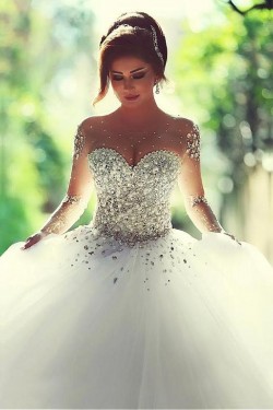 Long Sleeves Sheer Crystal Wedding Dresses Bridal Gowns 3030033