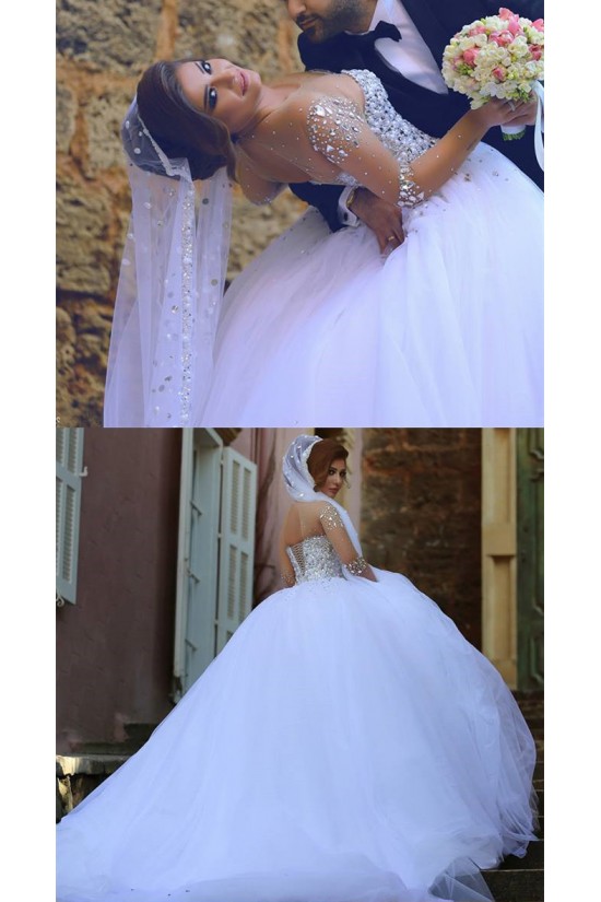 Long Sleeves Sheer Crystal Wedding Dresses Bridal Gowns 3030033