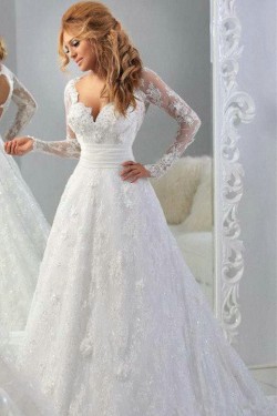 Long Sleeves V-Neck Lace Wedding Dresses Bridal Gowns 3030048
