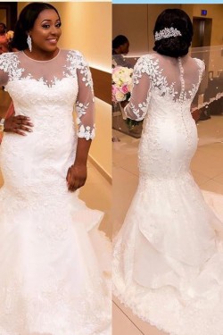 Mermaid 3/4 Length Sleeves Plus Size Lace Wedding Dresses Bridal Gowns 3030053