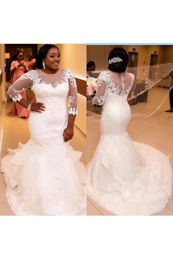 Mermaid 3/4 Length Sleeves Plus Size Lace Wedding Dresses Bridal Gowns 3030053