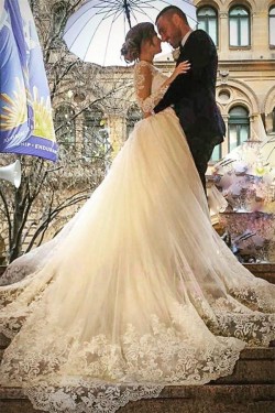 Long Sleeves V-Neck Lace Wedding Dresses Bridal Gowns 3030056