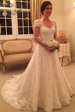 A-Line Short Sleeves Lace Wedding Dresses Bridal Gowns 3030058