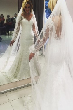 Long Sleeves V-Neck Lace Mermaid Wedding Dresses Bridal Gowns 3030060