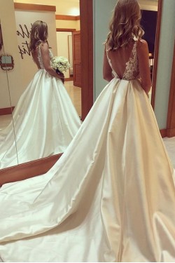 A-Line V-Neck Lace Wedding Dresses Bridal Gowns 3030064