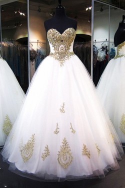 Ball Gown Sweetheart Gold Lace Appliques Wedding Dresses Bridal Gowns 3030065