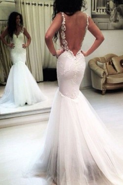 Mermaid Lace Backless V-Neck Wedding Dresses Bridal Gowns 3030069