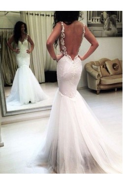 Mermaid Lace Backless V-Neck Wedding Dresses Bridal Gowns 3030069