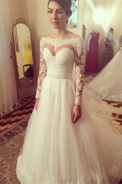 Long Sleeves Off-the-Shoulder Lace Tulle Wedding Dresses Bridal Gowns 3030070