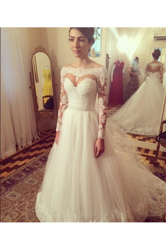 Long Sleeves Off-the-Shoulder Lace Tulle Wedding Dresses Bridal Gowns 3030070