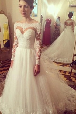Long Sleeves Off-the-Shoulder Lace Tulle Wedding Dresses Bridal Gowns 3030070